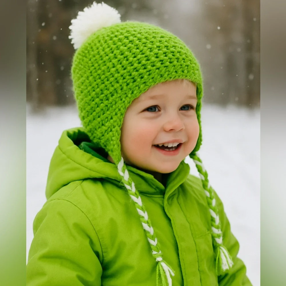 Handmade Green Crochet Earflap Hat with‎ White Pom-Pom Beanie Child Size